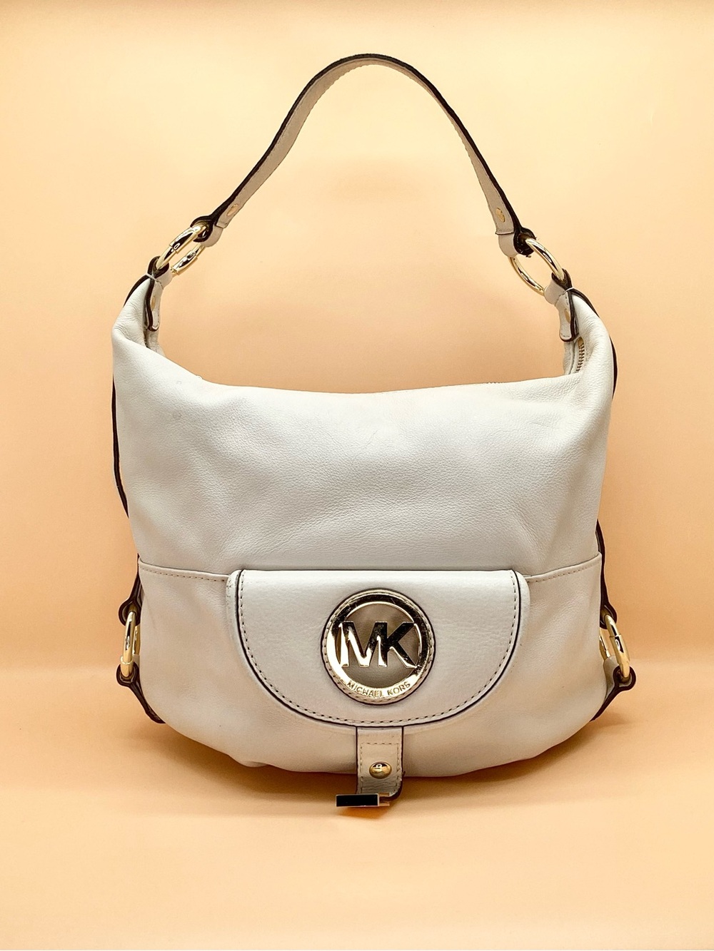 Michael Kors Cream Leather Hobo with Gold MK Emblem